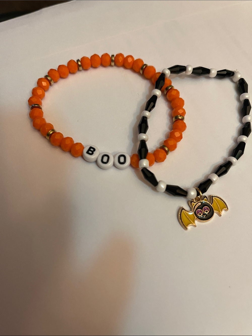 Halloween Kids Orange & Black Beaded Bracelet Duo with Bat Charm